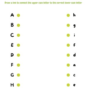 May include: A white worksheet with the word "Letters" in yellow. The worksheet has uppercase and lowercase letters with green dots. The instructions read, "Draw a line to connect the upper case letter to the correct lower case letter."