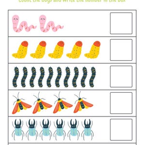 May include: A colorful counting worksheet with illustrations of bugs. The title "Counting" is written in yellow script. The worksheet features worms, caterpillars, moths, beetles, and ladybugs, with boxes for writing the number of each bug.
