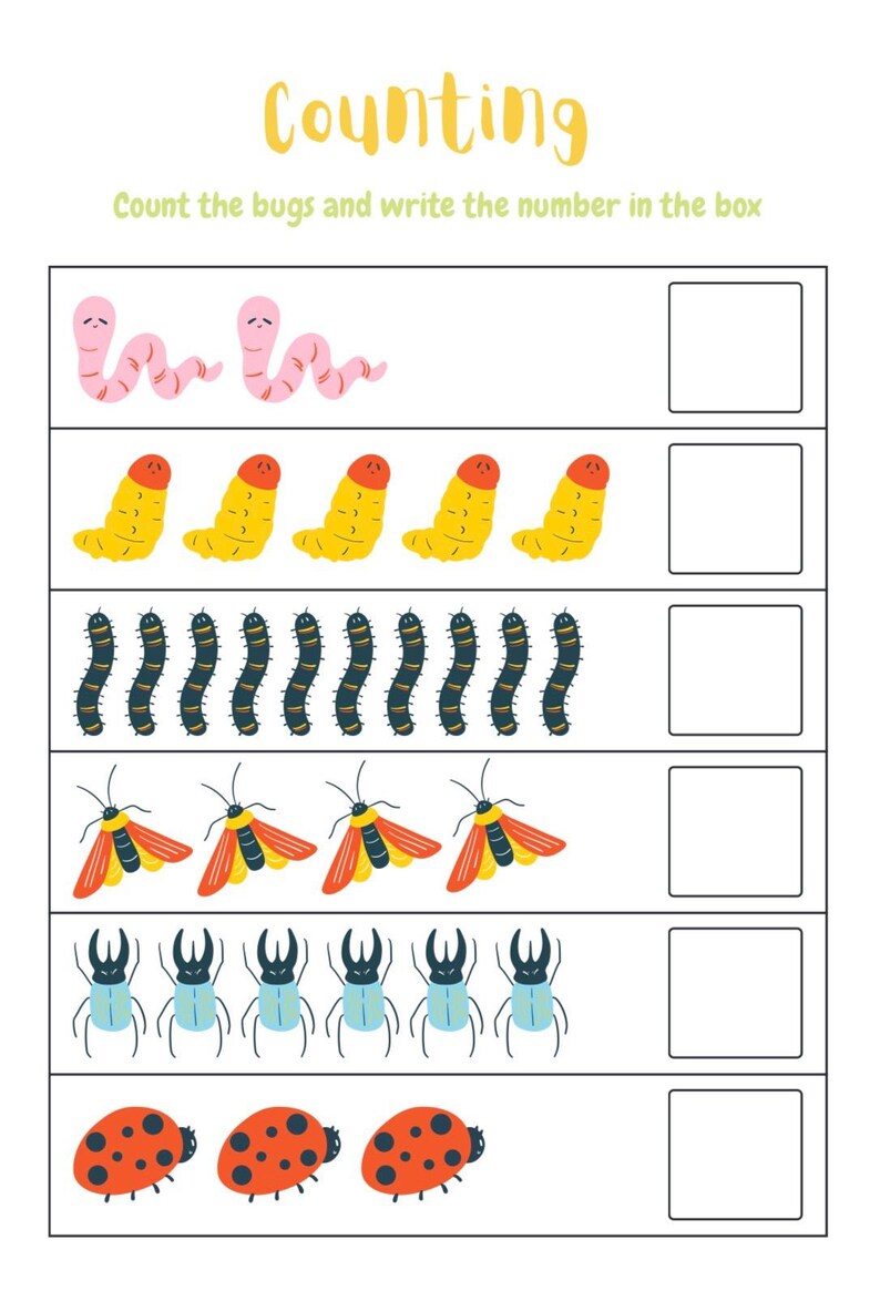 May include: A colorful counting worksheet with illustrations of bugs. The title "Counting" is written in yellow script. The worksheet features worms, caterpillars, moths, beetles, and ladybugs, with boxes for writing the number of each bug.