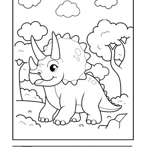 May include: Black and white line drawing of a Triceratops dinosaur with a smiling face, set against a backdrop of clouds and trees. The word "Triceratops" is written below the dinosaur in dotted lines for tracing.