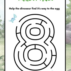 May include: A white paper with a black number maze in the shape of an eight. The text "Number Maze" is in green, and the text "Help the dinosaur find it's way to the egg" is in black. A blue dinosaur and egg are also present.