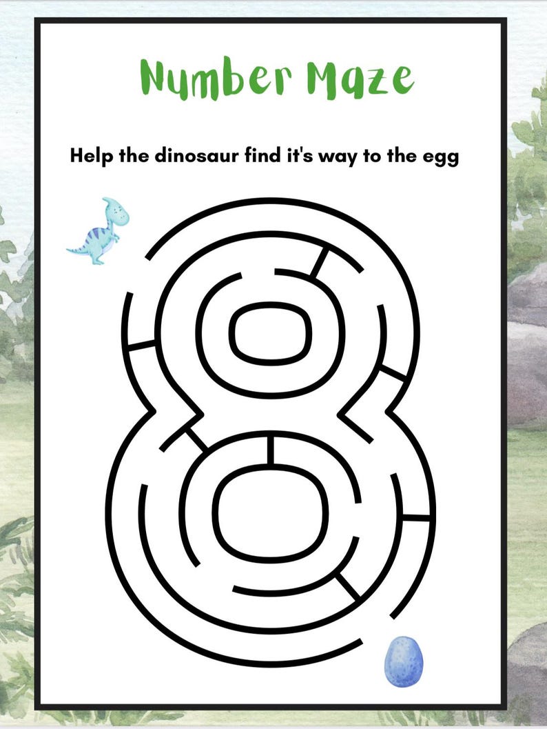 May include: A white paper with a black number maze in the shape of an eight. The text "Number Maze" is in green, and the text "Help the dinosaur find it's way to the egg" is in black. A blue dinosaur and egg are also present.