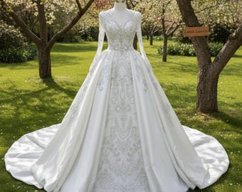 Hand Beaded Couture Ball Gown – V Neck Royal Wedding Dress