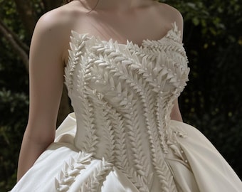 Vestido de novia de gala de satén perlado / Vestido de novia de princesa moderno a medida / Vestido de novia con corsé sin tirantes