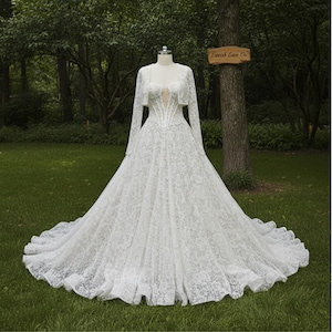Dreamy Basque Waist Corset A-Line Wedding Dress | Regal Lace Bridal Gown with Detachable Sleeves & Illusion Boning | brides mother dress