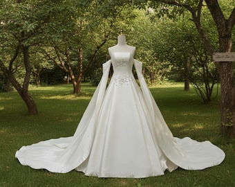 Vestido de novia con corsé de perlas y cuentas hechas a mano, vestido de novia de mikado con hombros descubiertos, vestido de novia wicca, vestido de novia con cordones, cola catedral, estilo cuento de hadas.