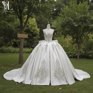 Luxury hand beaded wedding Dress with Large Bow & Royal Train | Cinderella princess ball gown | Made to Order Wedding Dress