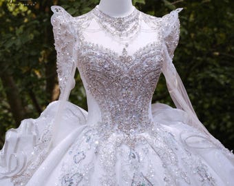 Couture Heavy Beaded Ball Gown | Regal High Neck Illusion Long Sleeve Bridal Ensemble | Bespoke Fairytale Wedding Piece