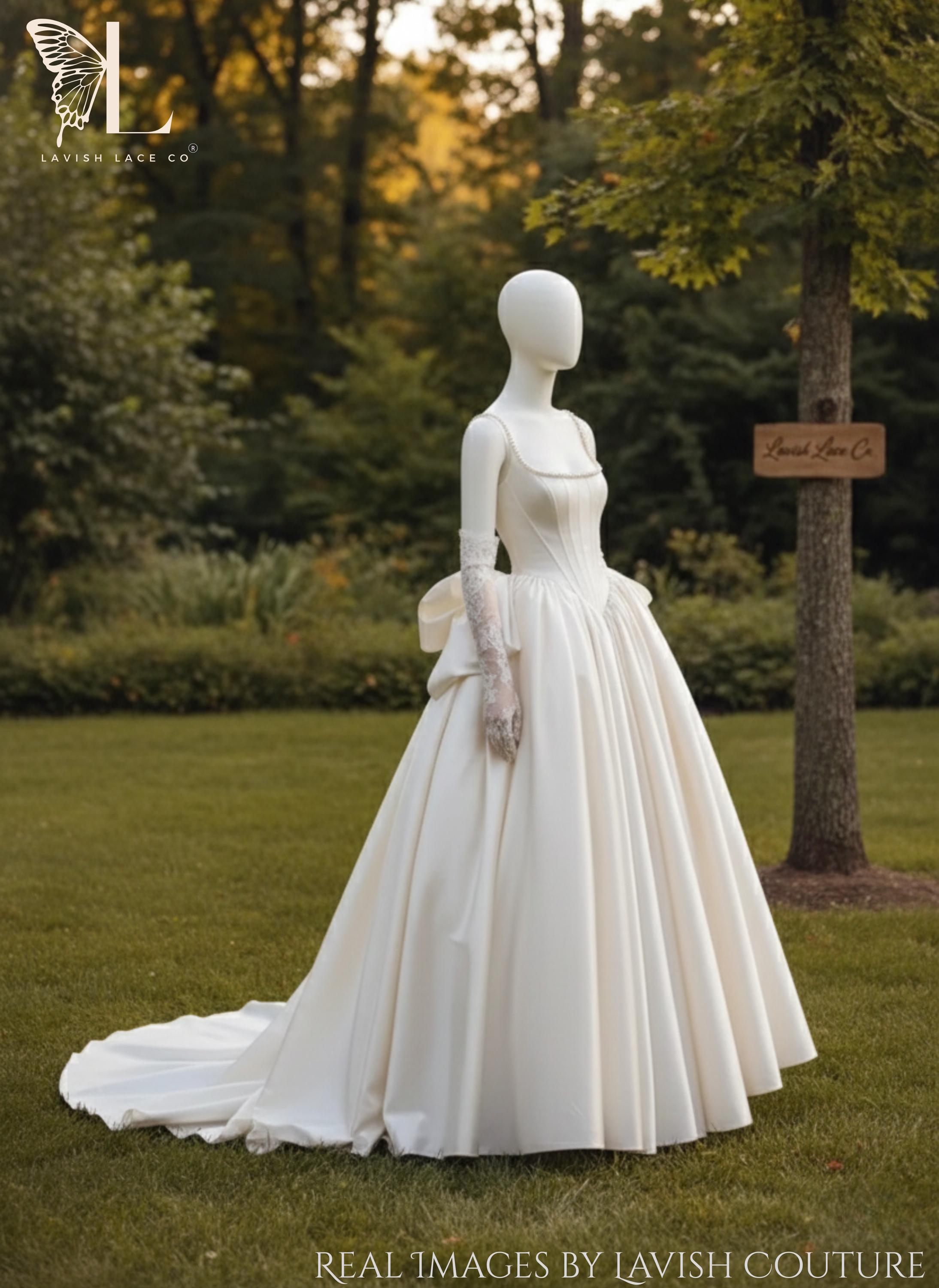 Vintage Style Basque Waist Wedding Ball Gown | Pearl Trim, Ivory Satin ...