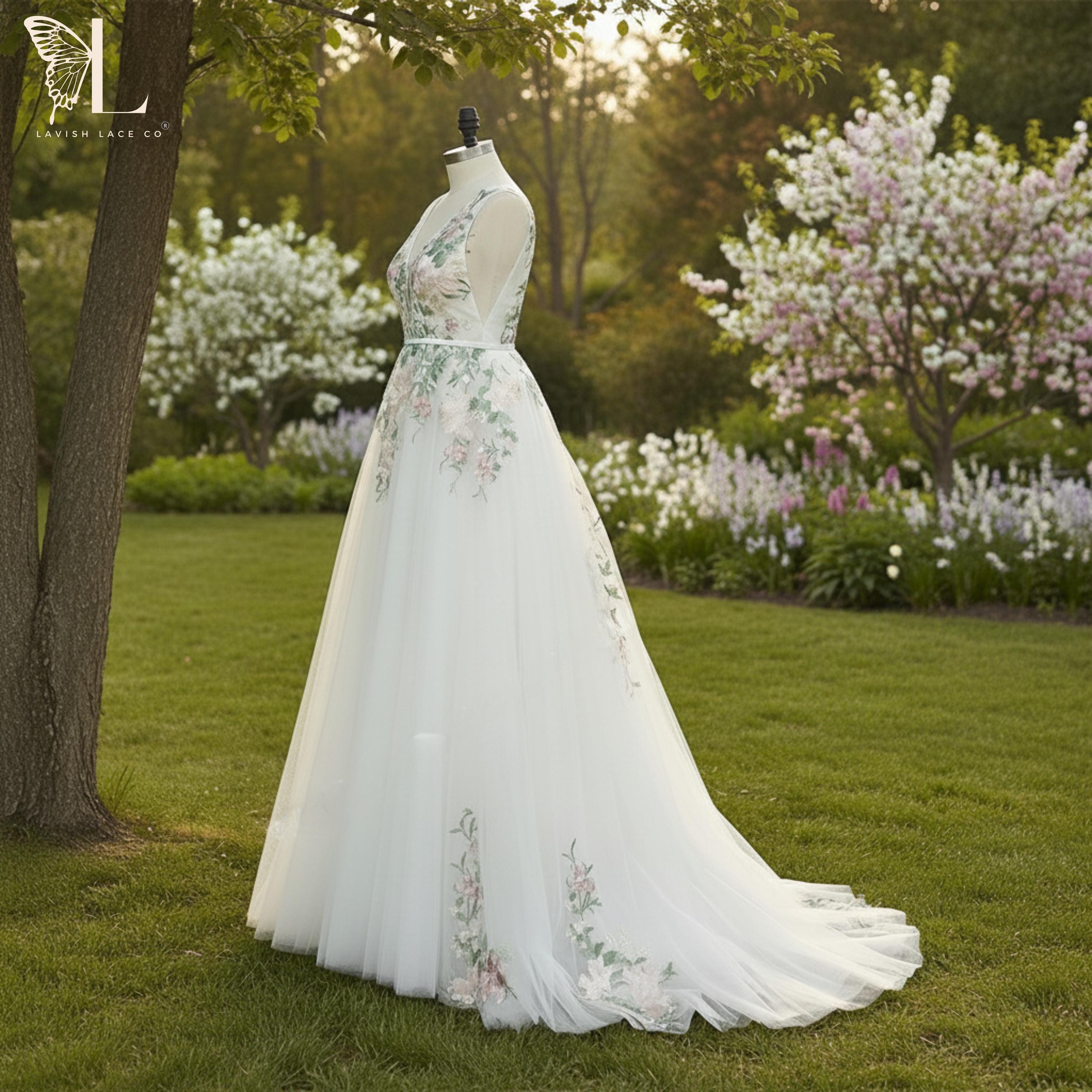 Floral Embroidered A-Line Wedding Dress -Deep V-Neck ethereal bridal gown, Boho Garden Ceremony - Handcrafted Tulle ballgown - flowy Dress Floral Embroidered A-Line Wedding Dress -Deep V-Neck ethereal bridal gown, Boho Garden Ceremony - Handcrafted Tulle ballgown - flowy Dress