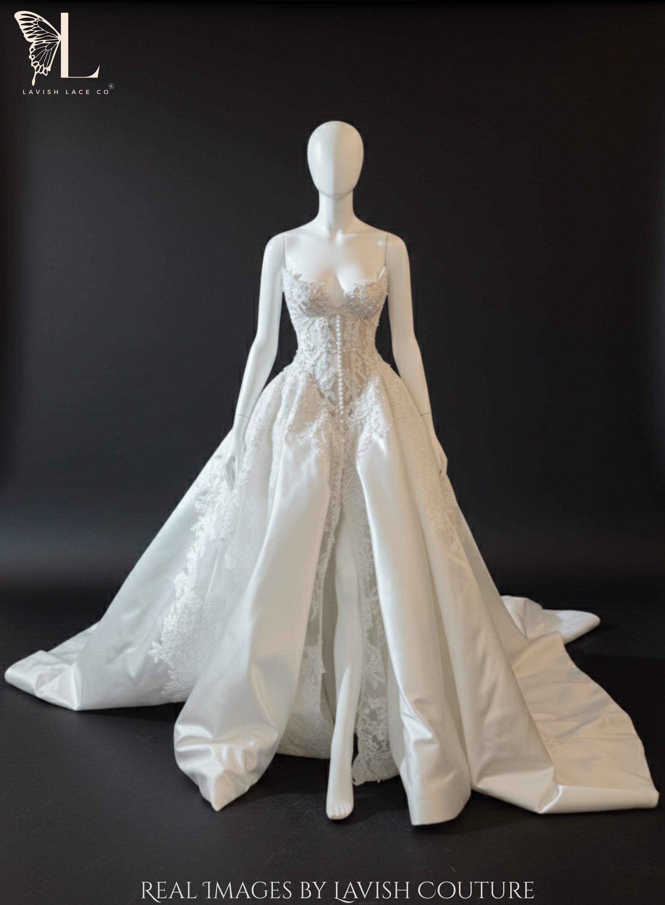 Lace Basque Corset Wedding Dress Drop Waist High Slit Strapless Ball Lace Basque Corset Wedding Dress Drop Waist High Slit Strapless Ball
