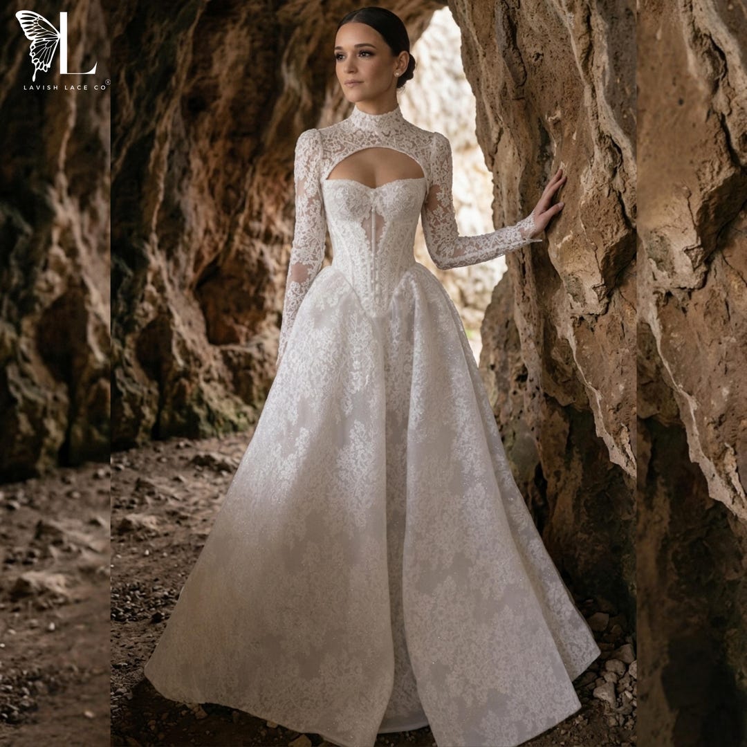 Basque Bolero Lace Drop Waist Wedding Dress With Delicate Bolero - Romantic High Neck ...