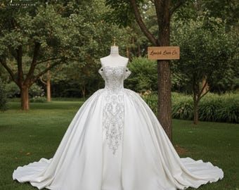 Off Shoulder Ballgown Wedding Dress with Silver Rhinestone Detail | Mikado satin gown