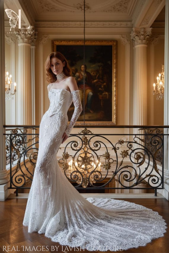 Elegant Basque Waist Lace Mermaid Wedding Dress | Beaded Corset & Detachable Sleeves | Victorian Inspired Custom made Dress