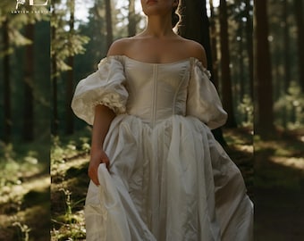 Basque Waist Wedding Dress, Off Shoulder Puff Sleeve Bridal Gown, Medieval & Victorian Style