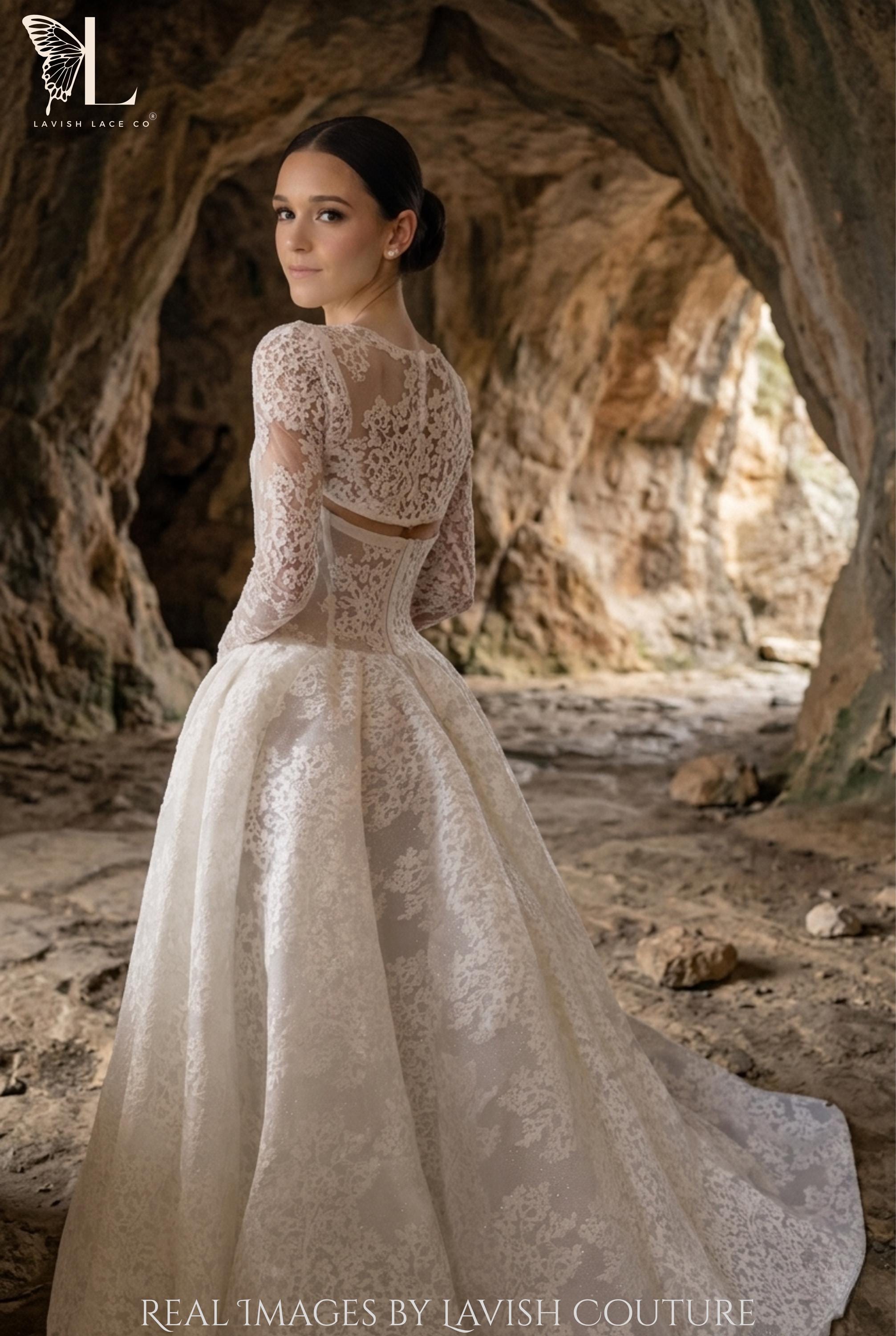 Basque Bolero Lace Drop Waist Wedding Dress With Delicate Bolero - Romantic High Neck ...