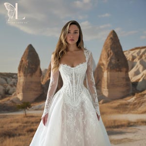 Couture Corset Lace Wedding Dress with Basque waist | Custom Bridal Ball Gown & Bolero Jacket | LAVISH COUTURE