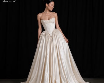 Satin Basque Waist Wedding Dress – Couture Ball Gown - Celestine by Lavish Couture