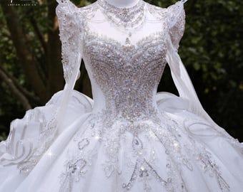 Sparkly Heavy Beaded Ball Gown Wedding Dress - Regal High Neck Illusion Long Sleeve Bridal Gown for Grand Fairytale Weddings- Custom Wedding