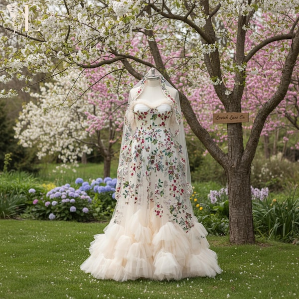 Colorful wildflower Wedding Dress – Dreamy Off Shoulder Tulle A-Line Gown | forest wedding dress | Custom fairy wedding dress- Green wedding