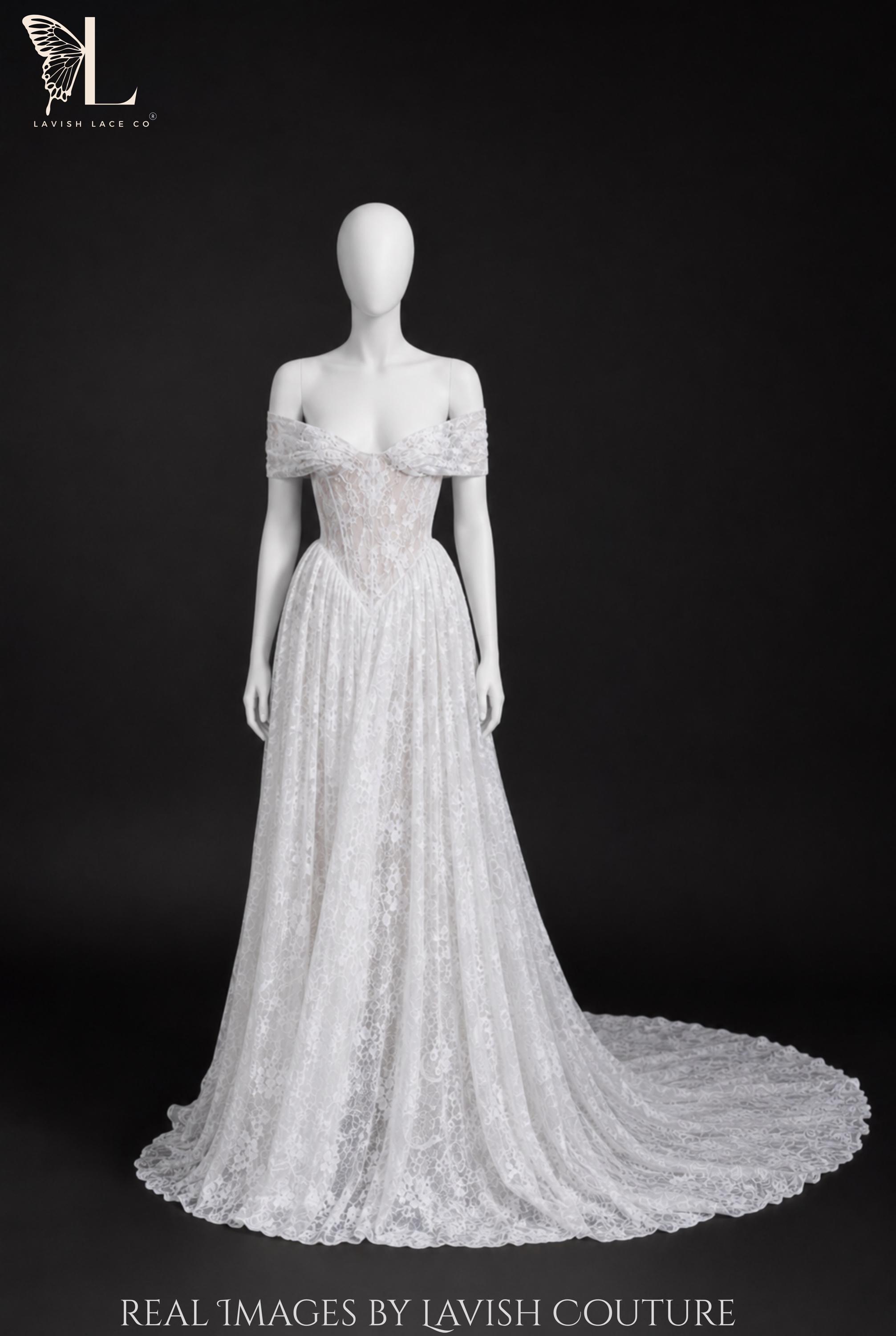 Lace Off The Shoulder Basque Waist Wedding Dress With Cathedral Train Lace Off The Shoulder Basque Waist Wedding Dress With Cathedral Train