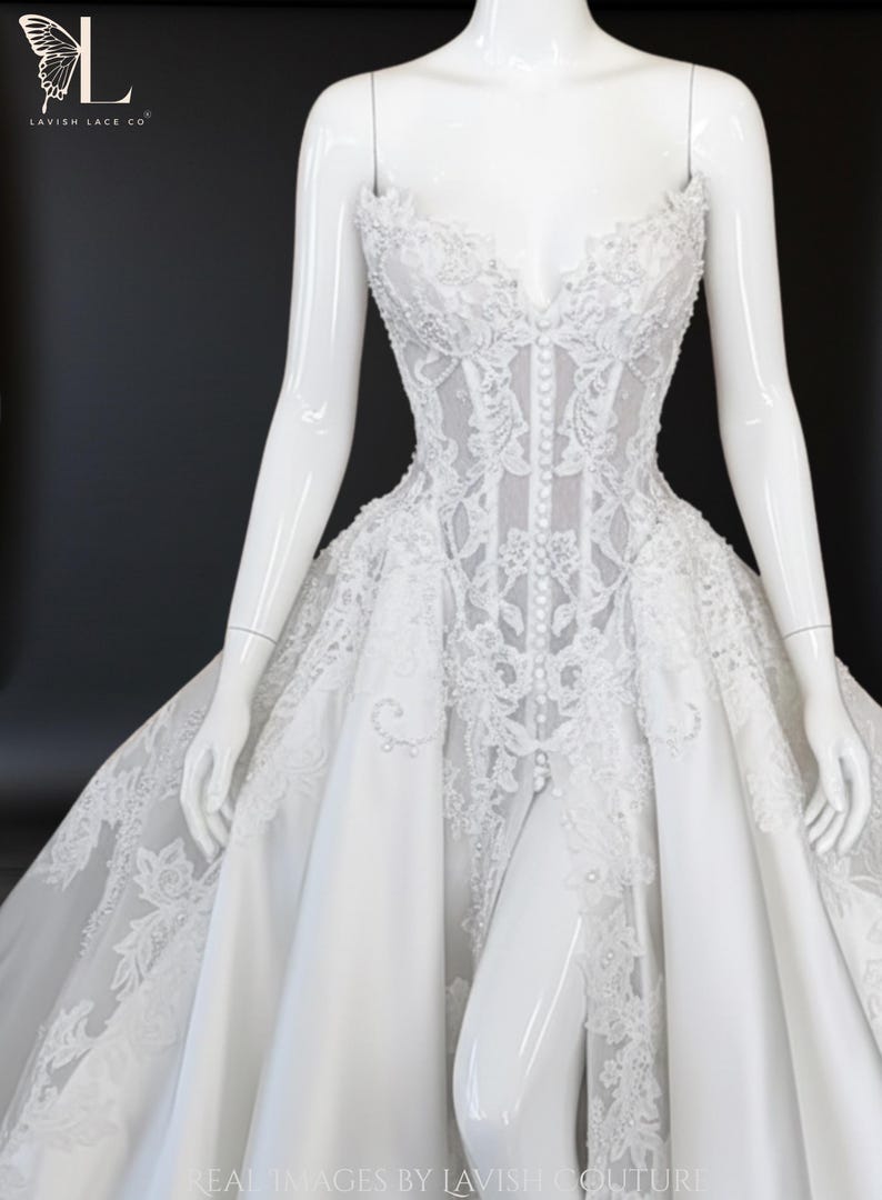lace-basque-corset-wedding-dress-drop-waist-high-slit-strapless-ball