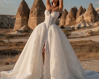 Lace Corset Wedding Dress with High Slit & Matching Gloves - Basque Waist Bridal Gown - Sheer Corset Top Wedding Dress - Lace Up Back Gown