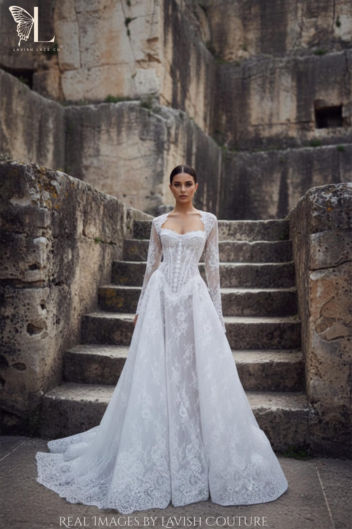 Couture Corset Lace Wedding Dress With Basque Waist Bolero Jacket Couture Corset Lace Wedding Dress With Basque Waist Bolero Jacket
