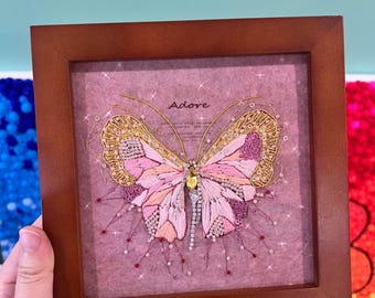 Handmade Butterfly Embroidery Wall Art | Pink & Gold Thread Painting in Wooden Frame | Unique Textile Decor Gift (Exclusive 1/1)