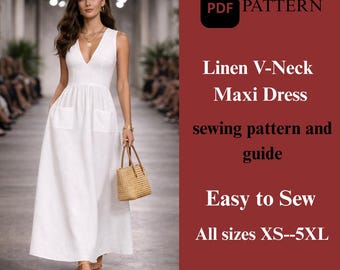 Linen V-Neck Maxi Dress Sewing Pattern – Flowy Style (PDF Pattern)