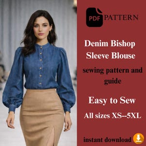 May include: A woman wearing a denim bishop sleeve blouse and a tan skirt. The image includes text that reads "PDF PATTERN Denim Bishop Sleeve Blouse sewing pattern and guide Easy to Sew All sizes XS--5XL instant download."