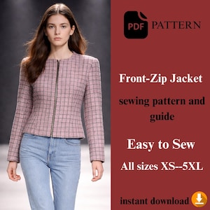 Könnte beinhalten: Eine rosa-schwarze Tweed-Jacke mit Frontreißverschluss, rundem Ausschnitt und langen Ärmeln. Die Jacke wird mit hellblauen Jeans getragen. Der Text lautet: "Front-Zip Jacket Schnittmuster und Anleitung, Easy to Sew, Alle Größen XS--5XL, Sofort-Download."