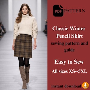 Pode incluir: Uma mulher vestindo uma camisola de gola alta creme, uma saia lápis xadrez marrom e botas até o joelho. A imagem inclui o texto "PDF PATTERN Classic Winter Pencil Skirt sewing pattern and guide Easy to Sew All sizes XS--5XL instant download."