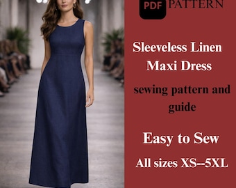 Molde para vestido maxi de linho sem mangas – modelo de verão (molde em PDF)