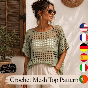 May include: A sage green crochet mesh top featuring a wide, square-neckline and short sleeves with a grid-like pattern. The garment is worn over a white base layer and paired with light-colored trousers. The text Crochet Mesh Top Pattern is visible.