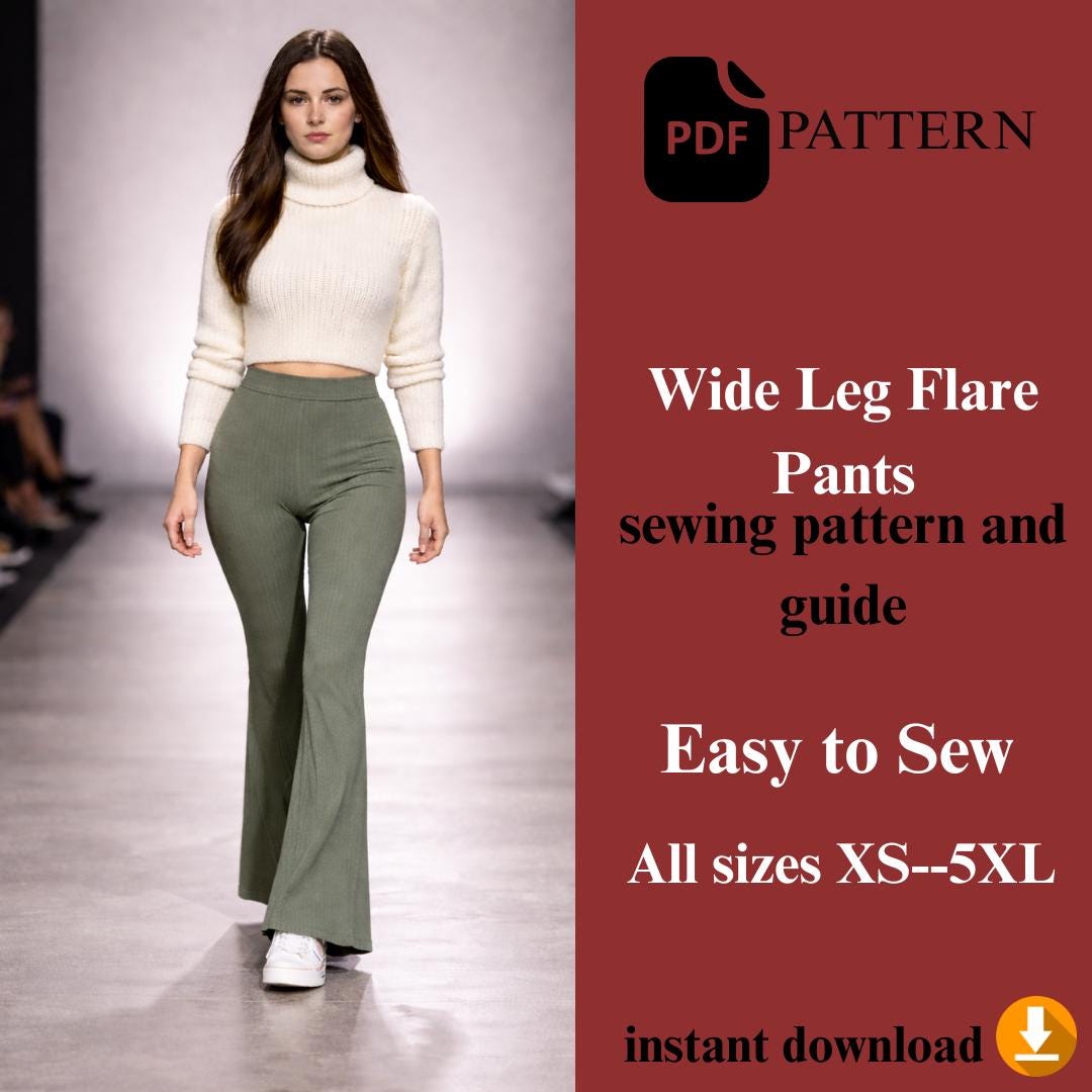 Wide Leg Flare Pants Sewing Pattern – Modern Flared Trousers (PDF ...