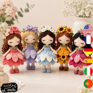 May include: Five handmade crochet dolls standing in a row. Each doll features a unique hair color, a floral crown, and a dress designed with layered petal-shaped skirts. The dolls have embroidered closed eyes and small smiles on their faces.
