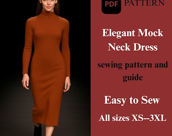 Könnte beinhalten: Eine Frau trägt ein rostfarbenes Kleid mit Stehkragen und langen Ärmeln. Das Kleid ist knielang und figurbetont. Der Text zeigt "Elegant Mock Neck Dress" und "Easy to Sew" mit Größenangaben. Ein PDF-Schnittmuster ist verfügbar.