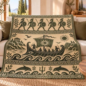 May include: A woven throw blanket featuring a dark green and cream color scheme with ancient Greek motifs. The design includes a row of soldiers, a ship with a sun emblem on the sail, stylized waves, dolphins, and a trident symbol.