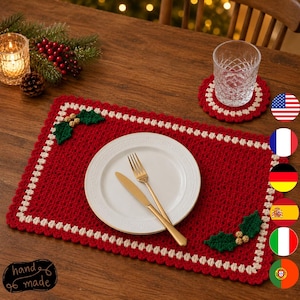 Christmas Crochet Placemat Pattern, Holiday Coaster PDF, Holly Table Decor, Festive Table Mat, 6-Language Digital Pattern
