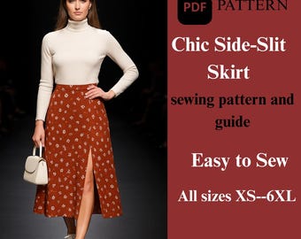 Chic High Waist Midi Skirt Sewing Pattern | Side Slit (PDF Pattern)