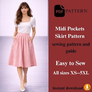 Może przedstawiać: Kobieta w białej górze i różowej spódnicy midi z kieszeniami. Obraz zawiera tekst: "PDF PATTERN", "Midi Pockets Skirt Pattern", "Easy to Sew" i "All sizes XS--5XL".