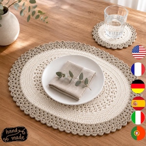 Oval Placemat Crochet Pattern PDF, Matching Coaster, Beginner Lace Table Decor, Photo Guide, 6 Languages, Digital Download