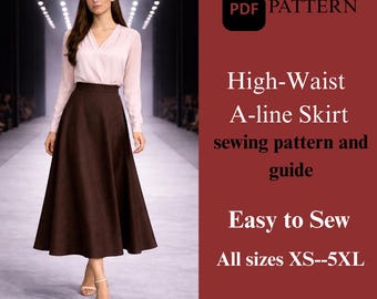 May include: A woman wearing a high-waist A-line skirt and a light pink blouse. The skirt is a dark brown color. The image includes text that says "PDF PATTERN", "High-Waist A-line Skirt sewing pattern and guide", "Easy to Sew", and "All sizes XS--5XL".