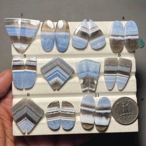 May include: A collection of polished blue opal gemstones with brown and white banding. The gemstones are in various shapes, including oval, teardrop, and triangular, displayed on a white surface. A quarter coin is included for size reference.