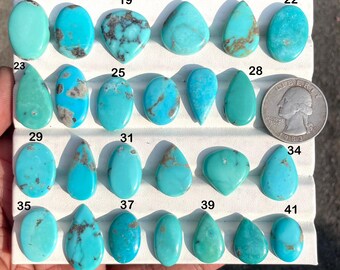 May include: A collection of turquoise gemstones in various shapes, including ovals and teardrops, displayed on a white surface. The stones range in color from light to deep turquoise, with brown matrix patterns. A quarter coin is included for size reference.