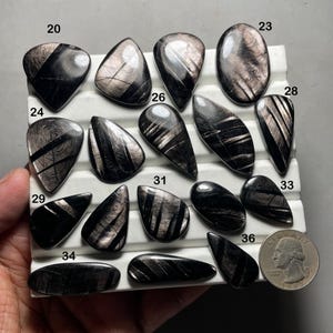 May include: A collection of polished black star diopside gemstones in various shapes, including teardrop, oval, and irregular forms. Each stone displays a shimmering, silvery chatoyancy. A U.S. quarter is included for size reference. The gemstones are arranged on a white surface.