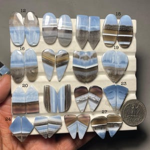 May include: A collection of polished opal gemstones in various shapes, including oval, teardrop, and geometric forms. The opals display a mix of blue, brown, and white colors, with visible banding and patterns. Numbers are visible next to each stone.