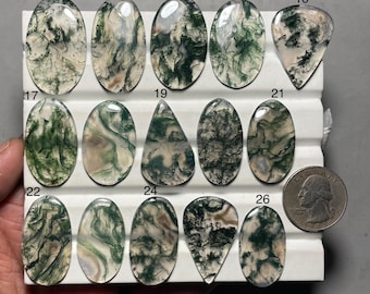 May include: A collection of polished moss agate gemstones in various shapes, including oval and teardrop. The stones display intricate patterns of green and white, with a quarter for size comparison. The gemstones are arranged on a white tray.