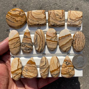 以下が含まれることがあります： 様々な形の研磨された砂岩カボションのコレクション。楕円形、涙形、正方形など。石は、ベージュ、茶色、クリーム色の自然な模様を示しています。サイズの目安として硬貨が含まれています。